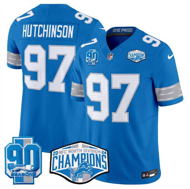 Men%27s Detroit Lions #97 Aidan Hutchinson Blue 2024 NFC North Champions 90th Anniversary Patch F.U.S.E. Vapor Limited Stitched Jersey->houston texans->NFL Jersey